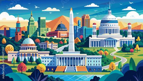 Very beautiful panoramic top view of Washington DC downtown featuring the Capitol, Washington Monument, Lincoln Memorial, and Jefferson Memorial, celebrating history and culture in a clean vector illu