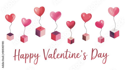 Valentine's day illustration of pink heart balloons and cubes on white background