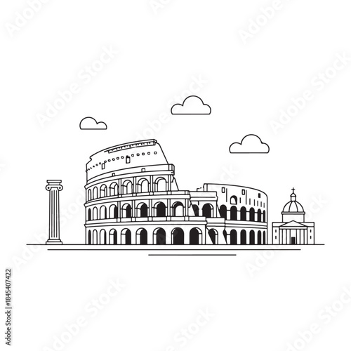 Rome Colosseum ancient amphitheater historic landmark line art vector illustration.