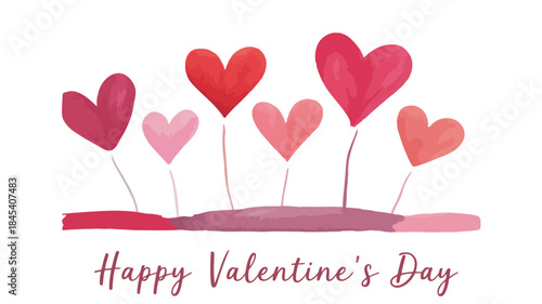 Multiple flat heart shaped fireworks burst in the air on valentine's day with a white background and pink and red hues creating a festive