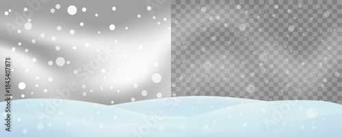 Background with falling snow, mist, and blizzard, soft snowy hills on a transparent sky. For overlay. Editable vector illustration.