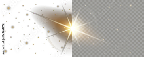 Bright sun flare, golden sunburst light effect with radiant rays, glowing particles, and sparkles on transparent background. For overlay and highlights. Editable vector illustration.