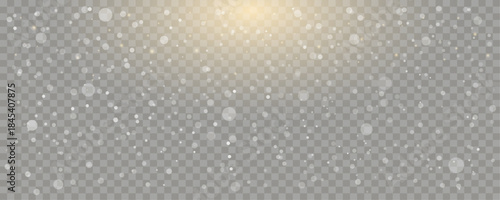 Warm winter overlay with falling snow particles, glowing bokeh lights, and golden sunrise glow. Winter abstract background for holidays. Editable vector illustration.