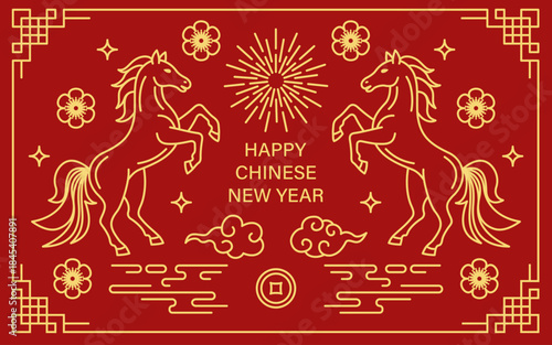 Happy Chinese New Year banner with twin rearing horses, clouds, fireworks, traditional coin and plum blossoms in traditional gold line art on a red background. Editable vector illustration.