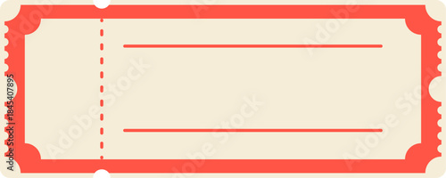 Blank beige and red vintage style admission or raffle ticket template with perforated stub. Movie ticket with perforated edges, tear off stub. Classic cinema design. Editable vector illustration.