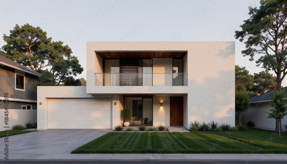 Fototapeta premium Modern house design with a sleek facade and green landscaping.