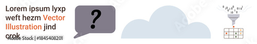 Data analysis, communication, cloud computing, creative ideas, digital solutions, innovation. Graphic showing a question in a speech bubble, a cloud icon and a funnel filtering data. Data analysis
