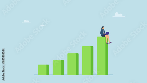 Businesswoman working on laptop and sitting on growing graph and chart. Growth or improvement, progress on career path to achieve business goal, motivation to success, step to skill development.