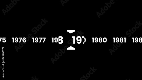 Horizontal timeline scrolling smoothly to the year 1975 animation isolated on black background