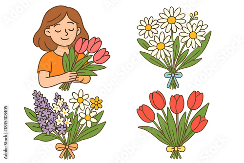 Woman holding a beautiful bouquet of red tulips surrounded by various spring flower arrangements