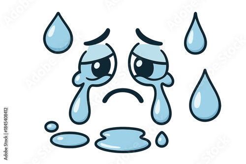 Extremely sad cartoon face crying with large blue tears and downturned mouth