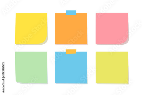 Six blank square memo notes in various bright colors with adhesive tape and curled edges
