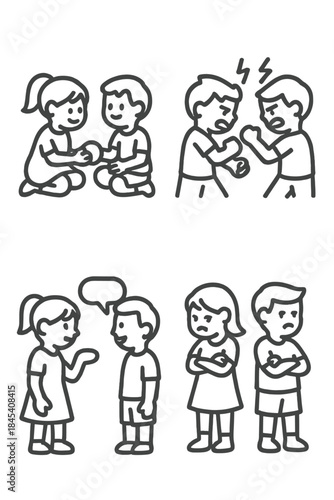 Children's social interaction and emotional states showing cooperation, conflict, communication, and sadness