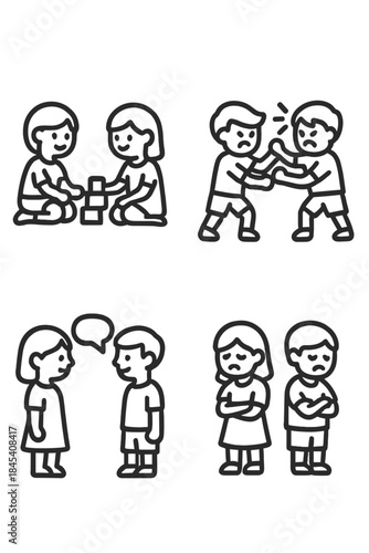Children social behavior concepts including cooperation, conflict, communication, and sadness