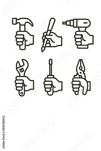 Human hands gripping essential tools including a hammer, wrench, drill, and screwdriver
