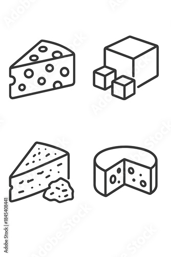 Minimalist line art icons representing various dairy cheese products including wedges, cubes, and a whole wheel
