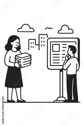 Business professionals exchanging information near a large outdoor display screen