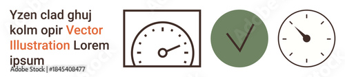 Performance tracking, quality standards, workflow management, time management, assessments, precision. Speedometer, checkmark and clock icons. Performance tracking and quality standards concepts