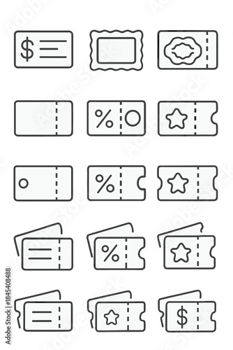 Discount coupons, gift certificates, promotional vouchers, and event tickets outline icons
