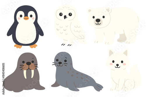 Set of six cute cartoon arctic animals including polar bear, penguin, snowy owl, walrus, seal, and arctic fox