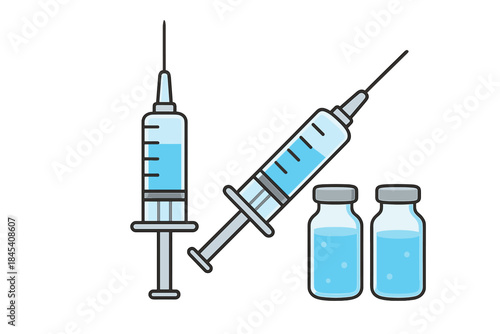 Medical syringes and vaccine vials with blue liquid for immunization and treatment