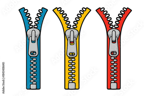 Three colorful partially unzipped zippers in blue, yellow, and red on white background