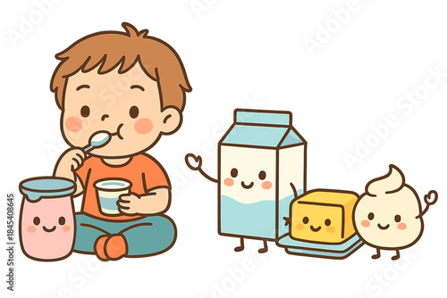 Cute cartoon boy eating yogurt with friendly anthropomorphic dairy food characters