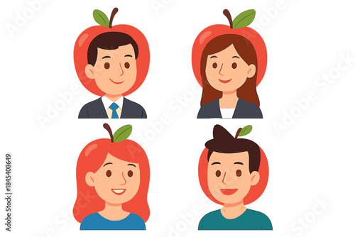 Diverse group of smiling people wearing large red costumes as novelty headgear for nutrition theme