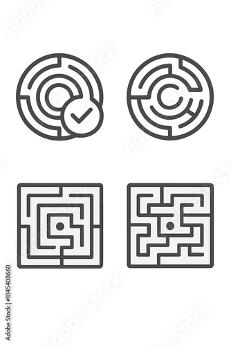 Minimalist set of four maze icons representing problem solving and finding the solution