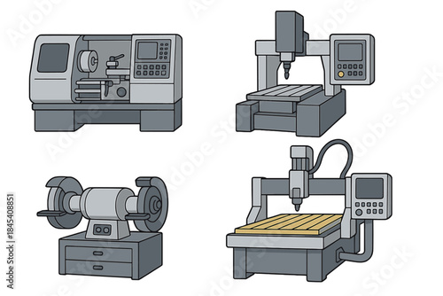 Industrial machine tools set including CNC lathe, milling machine, and bench grinder