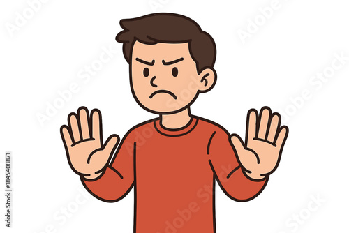 Angry young man making a stop gesture with both hands showing rejection or prohibition