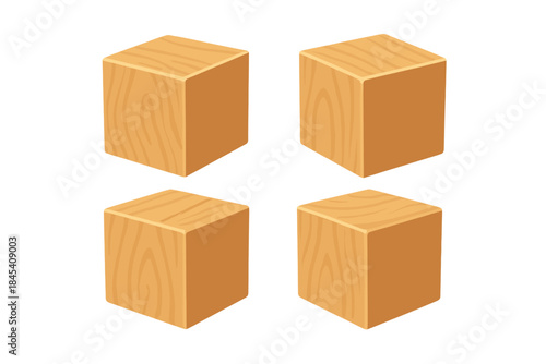 Four isometric wooden cubes set showing different angles and natural wood grain texture
