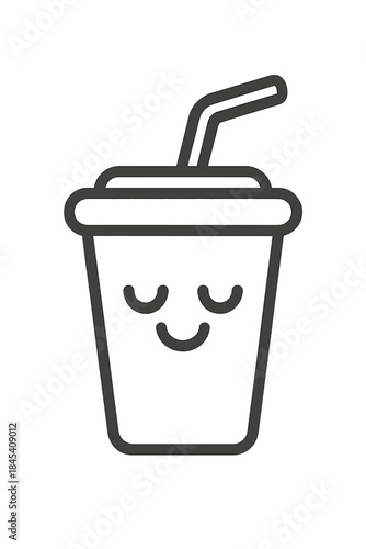 Cheerful disposable soda cup icon with a smiling face, straw, and protective lid