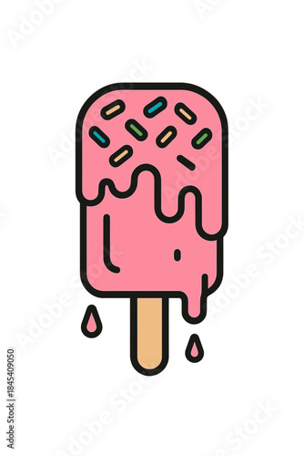 Pink melting popsicle covered in colorful candy sprinkles on a wooden stick