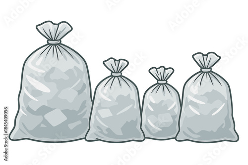 Selection of clear plastic bags filled with frozen ice cubes in different sizes