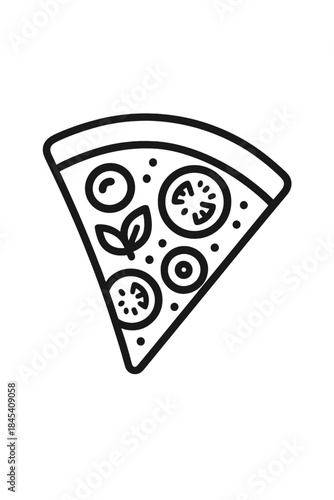 Minimalist black line drawing of a single pizza slice with tomato and basil toppings
