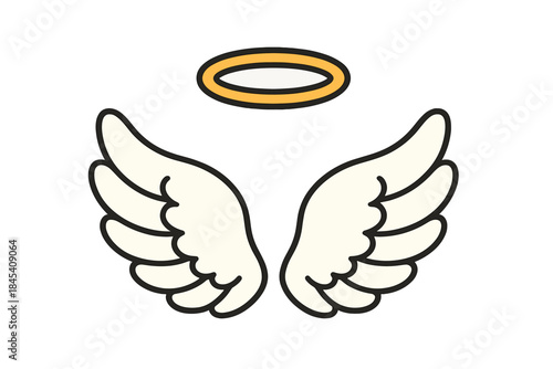 Stylized pair of white angel wings and a golden halo symbolizing purity and divinity