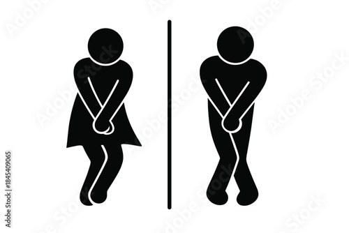 Man and woman silhouettes urgently needing to use the restroom or toilet