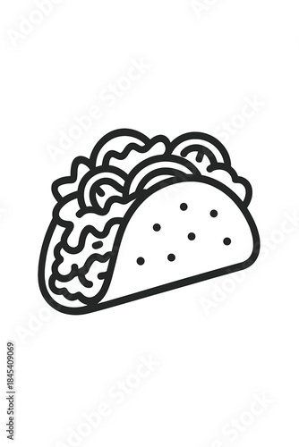 Delicious Mexican taco filled with fresh ingredients, simple black and white outline