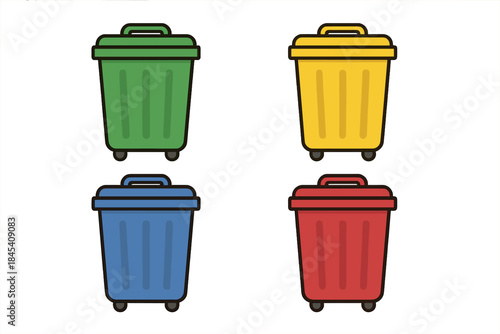 Four colorful recycling bins for waste sorting and environmental protection