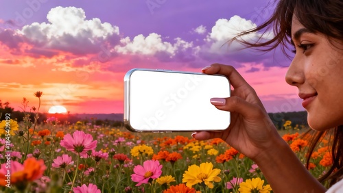 A young woman holding a blank photo frame and showing a smartphone with an empty screen for business communication and advertisement technology