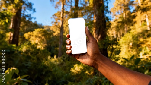 A person holding a mobile phone and a blank business card in their hand while standing in a park, showing a communication message space for an advertisement