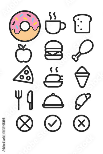 Simple outline icons collection of various food items and dining symbols