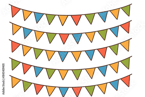 Five rows of colorful triangular party flags strung across a white background