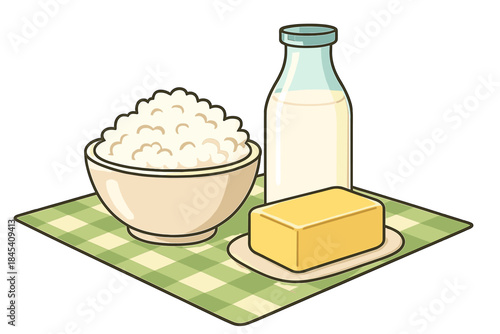 Fresh dairy products including cottage cheese, milk bottle, and butter block on a checkered tablecloth