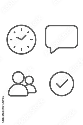 Essential outline symbols representing time, communication, user group, and confirmation checkmark