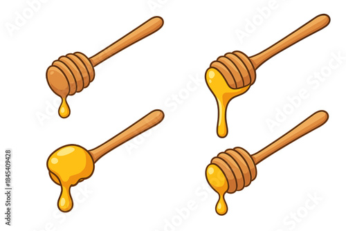 Four wooden honey dippers coated in and dripping sweet golden liquid honey