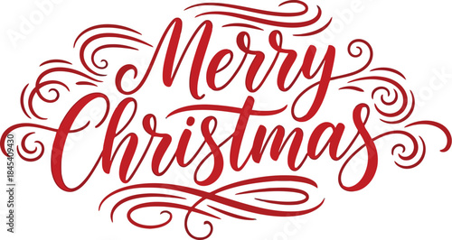 Elegant red calligraphy script wishing merry christmas surrounded by decorative swirls on a clean white background for holiday greetings
