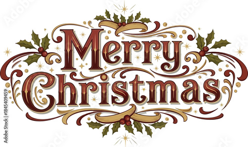Ornate vintage typography design featuring rich burgundy and gold lettering for a classic and elegant merry christmas greeting card