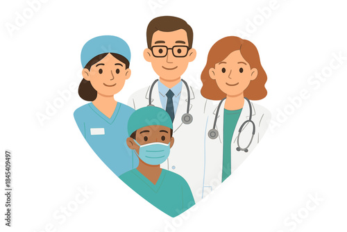 Smiling medical staff portrait featuring doctors, nurses, and a surgeon